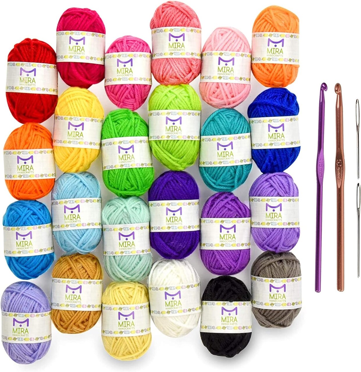 Crochet and Knitting Starter Kit for Colorful Arts and Crafts - 24 Yarn Skeins with 525 Yards of Multicolored Thread, 2 Hooks, 2 Weaving Needles
